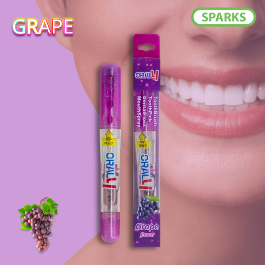 Oral4 Care Kit 4-in-1 Toothbrush with Toothpaste + Floss + Pick + Mouth Spray | Travel Size | Individual | Travel Set | Oral Hygiene Care (Grape 1 Pack)