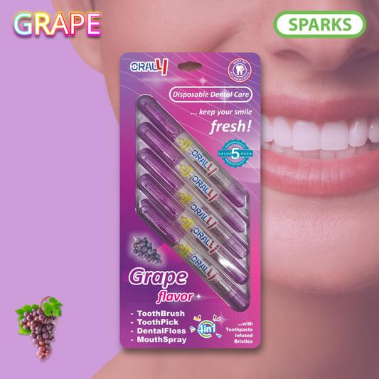 Oral4 Care Kit 4-in-1 Toothbrush with Toothpaste + Floss + Pick + Mouth Spray | Travel Size | Individual | Travel Set | Oral Hygiene Care (Grape 5 Pack)