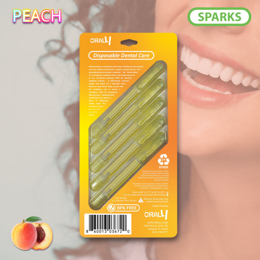 Oral4 Care Kit 4-in-1 Toothbrush with Toothpaste + Floss + Pick + Mouth Spray | Travel Size | Individual | Travel Set | Oral Hygiene Care (Peach 5 Pack)