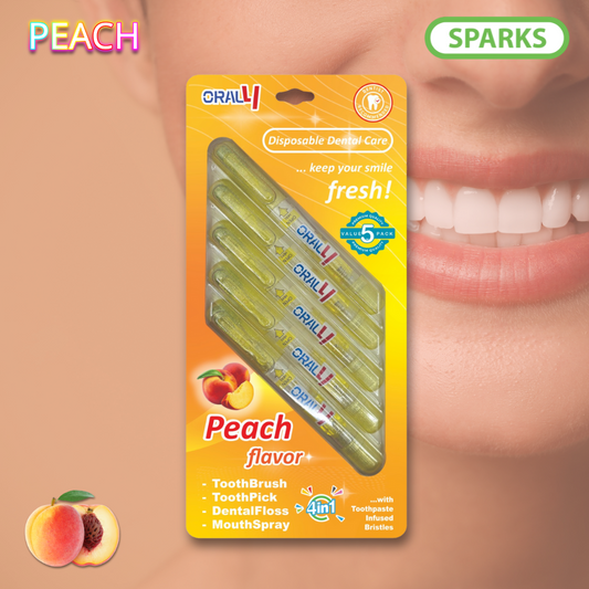 Oral4 Care Kit 4-in-1 Toothbrush with Toothpaste + Floss + Pick + Mouth Spray | Travel Size | Individual | Travel Set | Oral Hygiene Care (Peach 5 Pack)