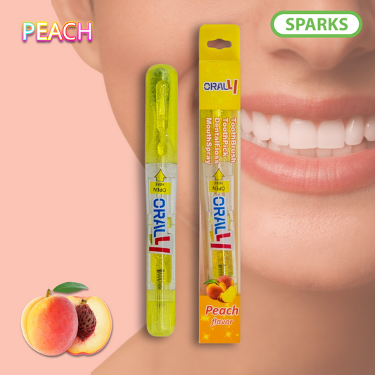 Oral4 Care Kit 4-in-1 Toothbrush with Toothpaste + Floss + Pick + Mouth Spray | Travel Size | Individual | Travel Set | Oral Hygiene Care (Peach 1 Pack)