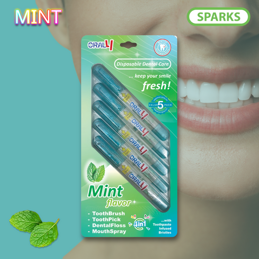 Oral4 Care Kit 4-in-1 Toothbrush with Toothpaste + Floss + Pick + Mouth Spray | Travel Size | Individual | Travel Set | Oral Hygiene Care (Mint 5 Pack)