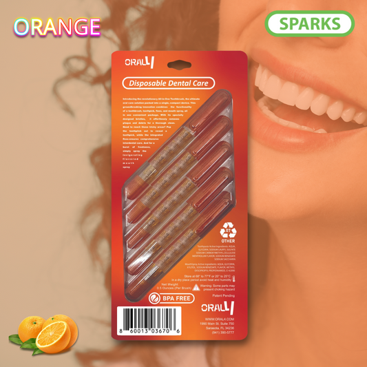 Oral4 Care Kit 4-in-1 Toothbrush with Toothpaste + Floss + Pick + Mouth Spray | Travel Size | Individual | Travel Set | Oral Hygiene Care (Orange 5 Pack)