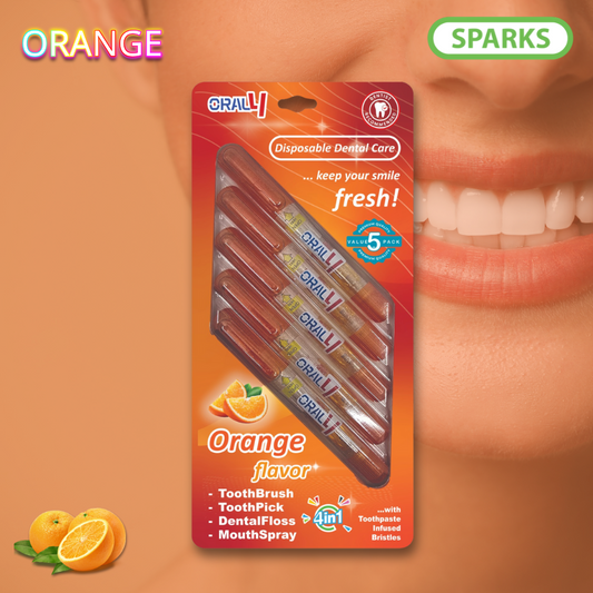 Oral4 Care Kit 4-in-1 Toothbrush with Toothpaste + Floss + Pick + Mouth Spray | Travel Size | Individual | Travel Set | Oral Hygiene Care (Orange 5 Pack)