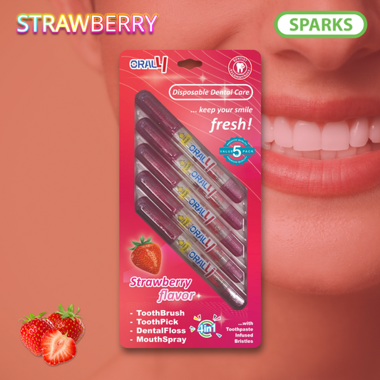 Oral4 Care Kit 4-in-1 Toothbrush with Toothpaste + Floss + Pick + Mouth Spray | Travel Size | Individual | Travel Set | Oral Hygiene Care (Strawberry 5 Pack)